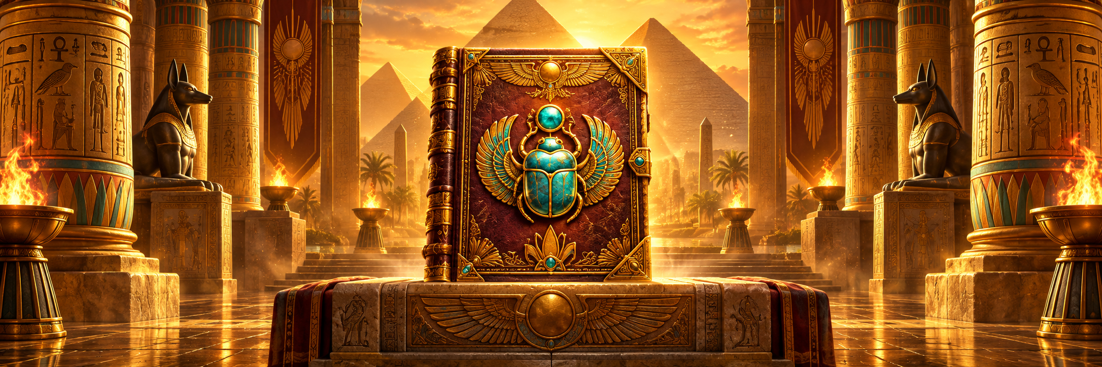 Golden temple with an ornate scarab book